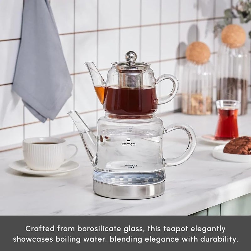 Karaca Dora Glass Teapot, 450 ml, Kettle 180 ml, Suitable for Gas and Electric Cooking Systems, Tea Maker, Caydanlik, and Teapot Set, Teapot - Image 1