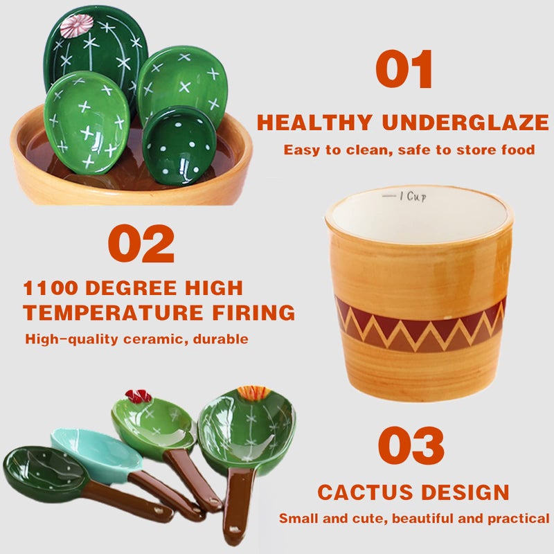 BLUESTEER Cactus Measuring Spoons Set in Pot, Cute Ceramic Measuring Spoons and Cups, Kitchen Cacti Spoon with Holder, Baking Measuring Cups Ornaments Gift - Image 3