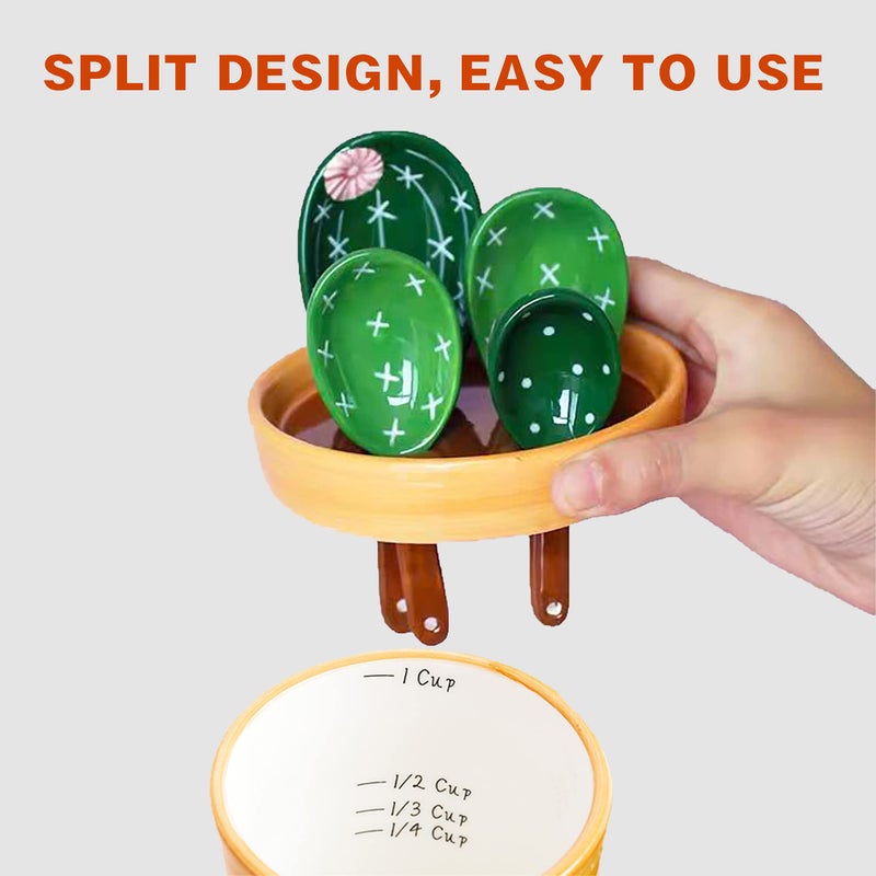 BLUESTEER Cactus Measuring Spoons Set in Pot, Cute Ceramic Measuring Spoons and Cups, Kitchen Cacti Spoon with Holder, Baking Measuring Cups Ornaments Gift - Image 4