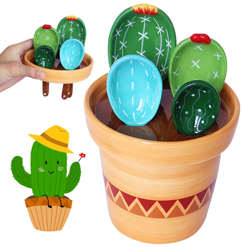 BLUESTEER Cactus Measuring Spoons Set in Pot, Cute Ceramic Measuring Spoons and Cups, Kitchen Cacti Spoon with Holder, Baking Measuring Cups Ornaments Gift - Image 1
