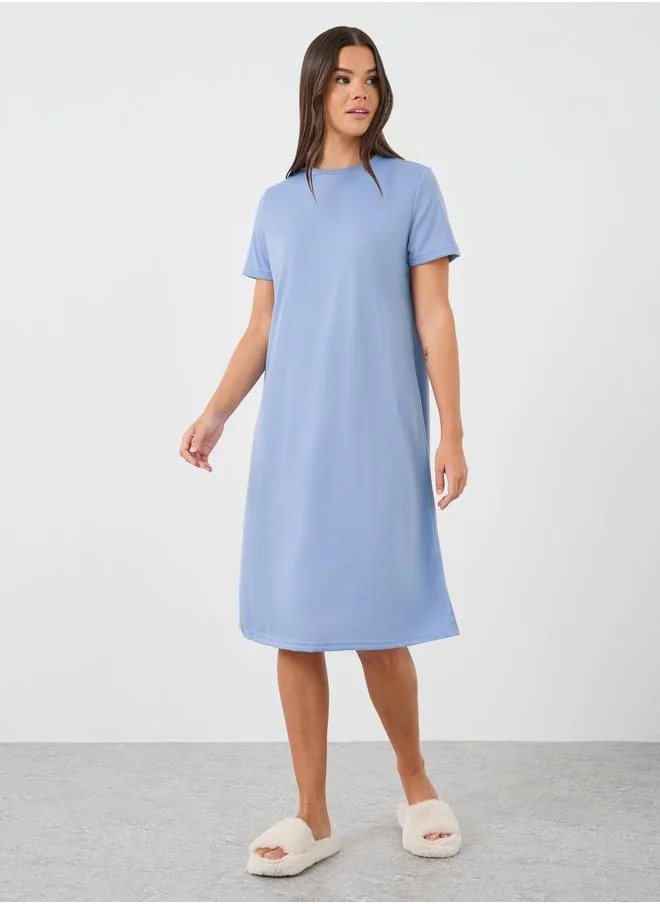 ستايلي Styli Solid Short Sleeve Sleep T-Shirt Dress