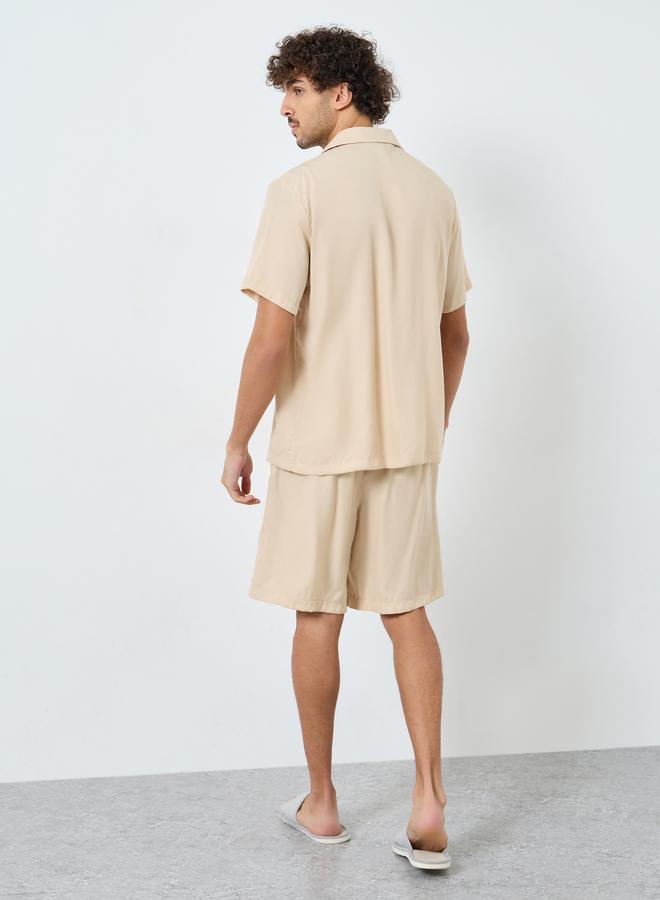 Styli Men Beige Pocket Embroidery Detail Shirt with Contrast Piping and Shorts Set - Image 5