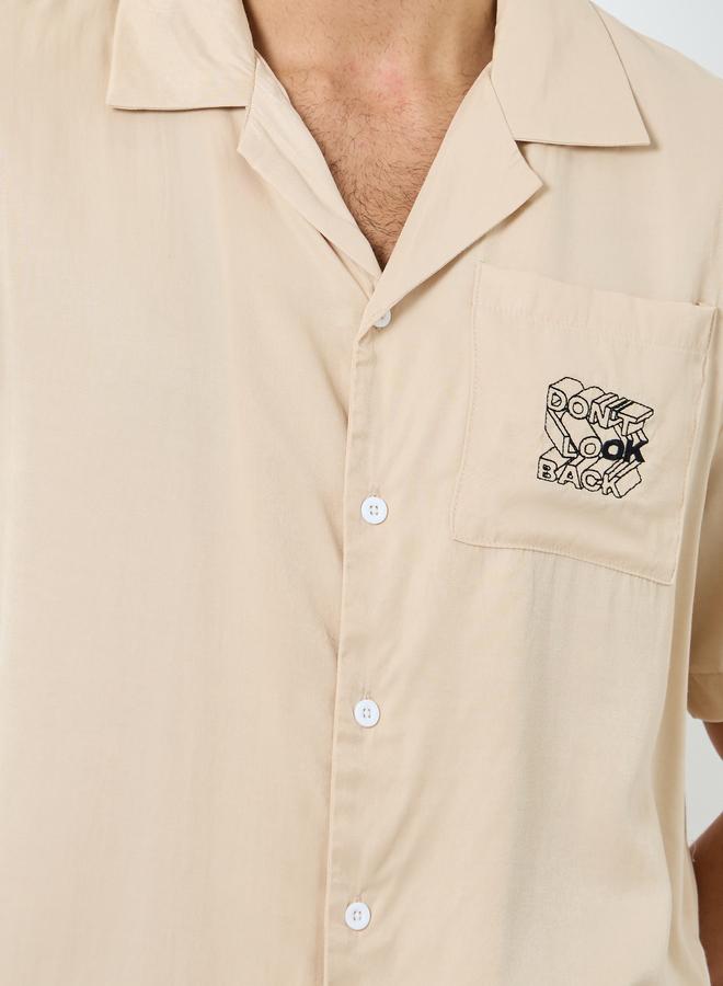 Styli Men Beige Pocket Embroidery Detail Shirt with Contrast Piping and Shorts Set - Image 3