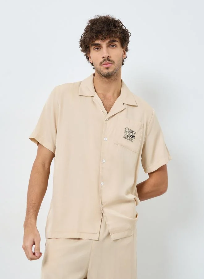 Styli Men Beige Pocket Embroidery Detail Shirt with Contrast Piping and Shorts Set