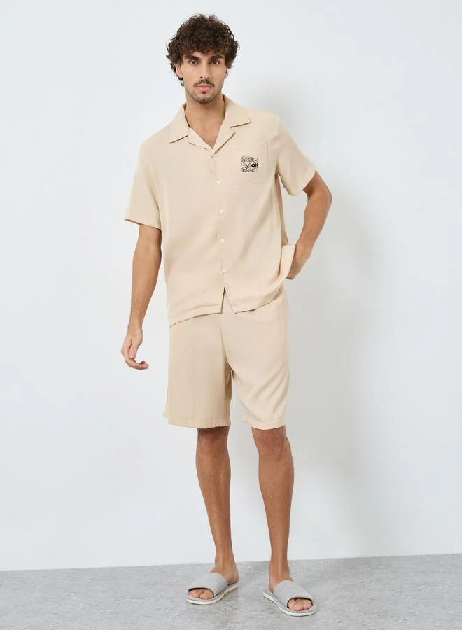 Styli Men Beige Pocket Embroidery Detail Shirt with Contrast Piping and Shorts Set