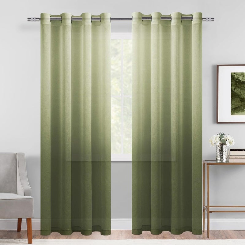 DWCN Faux Linen Ombre Sheer Curtains  Gradient Semi Voile Grommet Top Window Curtains for Bedroom and Living Room Set of 2 Panels 52 x 84 Inches Long Olive Green