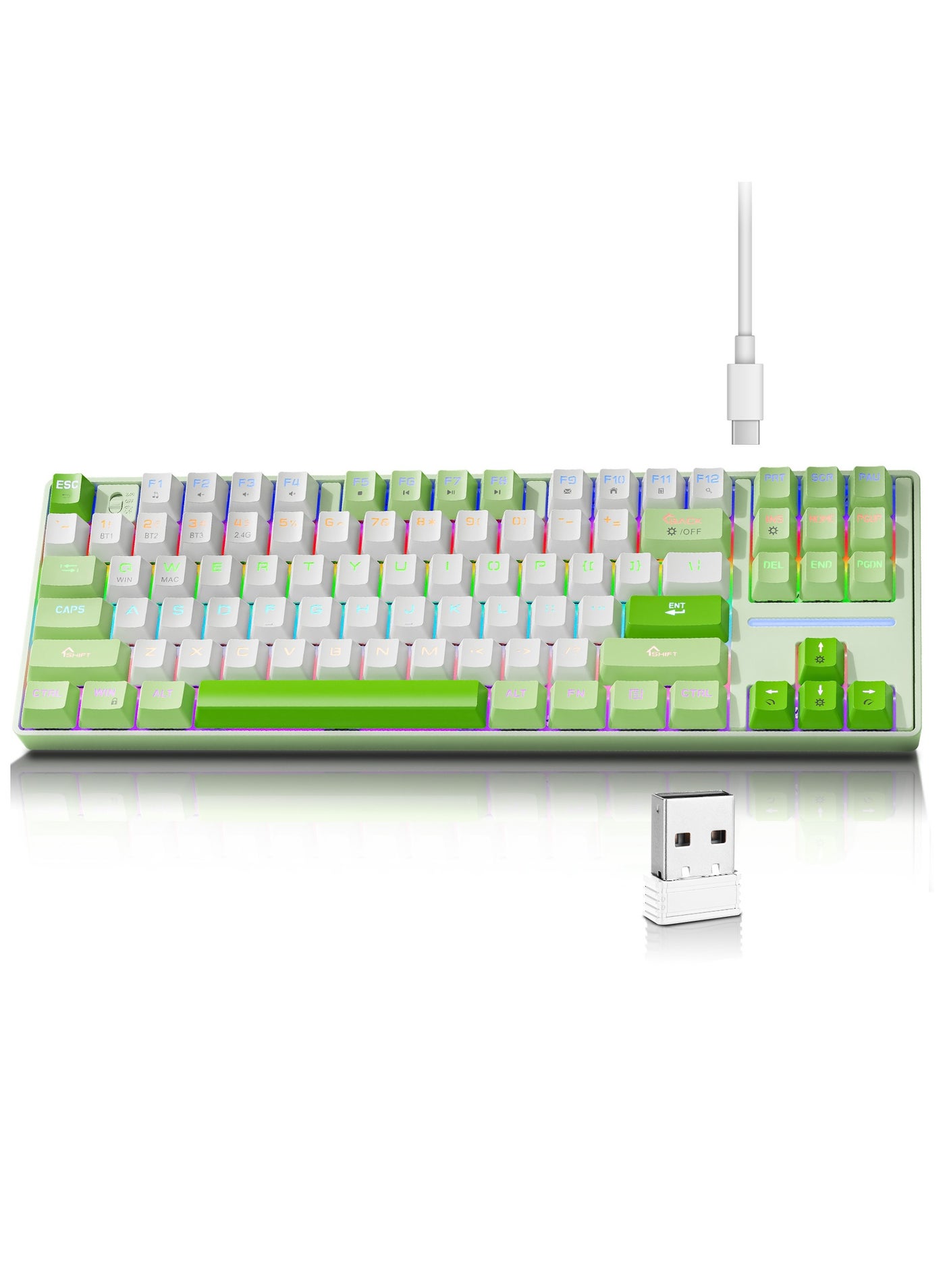 MK87 Gaming Keyboard, 87-Key Tri-Mode Link, 5.0/2.4G Wireless/Wired Full-Key Hot-Swap Hybrid Backlight Mechanical Keyboard for Windows PC Gamers - Green/White