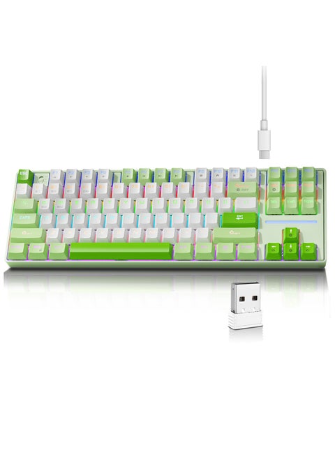 MK87 Gaming Keyboard, 87-Key Tri-Mode Link, 5.0/2.4G Wireless/Wired Full-Key Hot-Swap Hybrid Backlight Mechanical Keyboard for Windows PC Gamers - Green/White