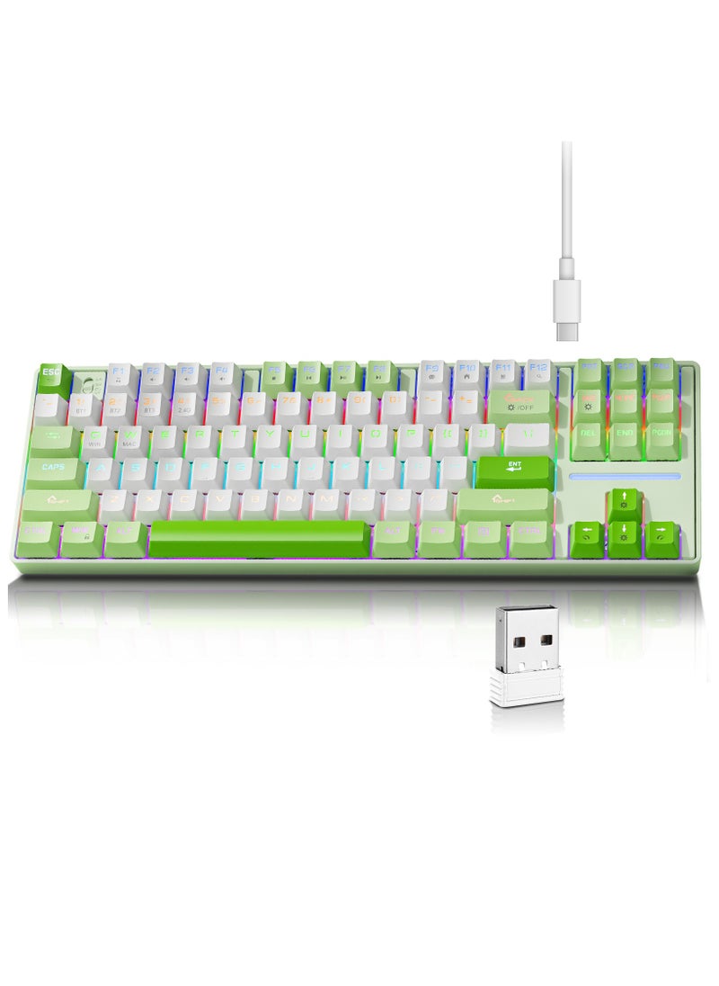 INFOSUN - MK87 Gaming Keyboard, 87-Key Tri-Mode Link, 5.0/2.4G Wireless/Wired Full-Key Hot-Swap Hybrid Backlight Mechanical Keyboard for Windows PC Gamers - Green/White - Image 1