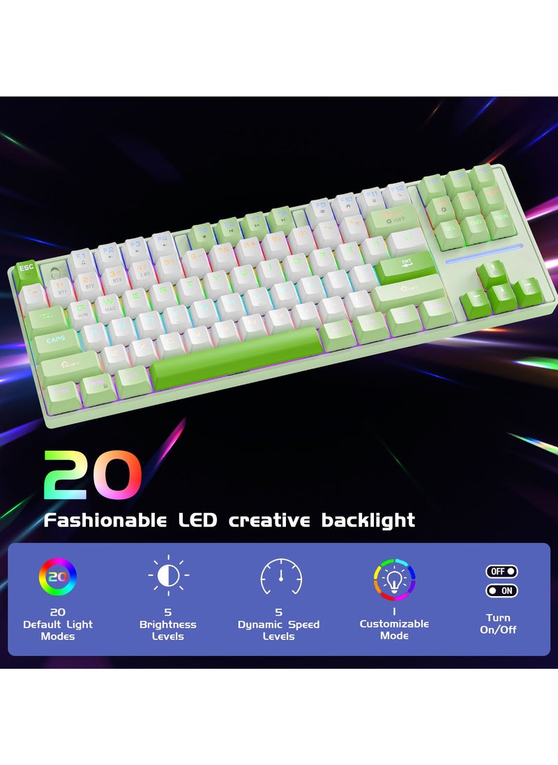 INFOSUN - MK87 Gaming Keyboard, 87-Key Tri-Mode Link, 5.0/2.4G Wireless/Wired Full-Key Hot-Swap Hybrid Backlight Mechanical Keyboard for Windows PC Gamers - Green/White - Image 1