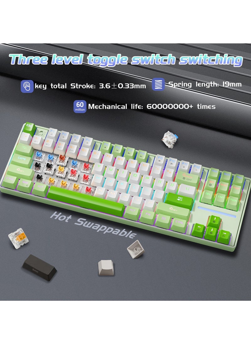 INFOSUN - MK87 Gaming Keyboard, 87-Key Tri-Mode Link, 5.0/2.4G Wireless/Wired Full-Key Hot-Swap Hybrid Backlight Mechanical Keyboard for Windows PC Gamers - Green/White - Image 1