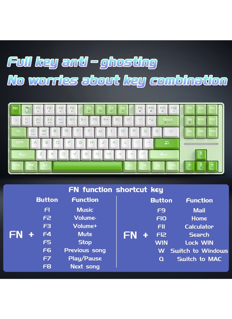 INFOSUN - MK87 Gaming Keyboard, 87-Key Tri-Mode Link, 5.0/2.4G Wireless/Wired Full-Key Hot-Swap Hybrid Backlight Mechanical Keyboard for Windows PC Gamers - Green/White - Image 1