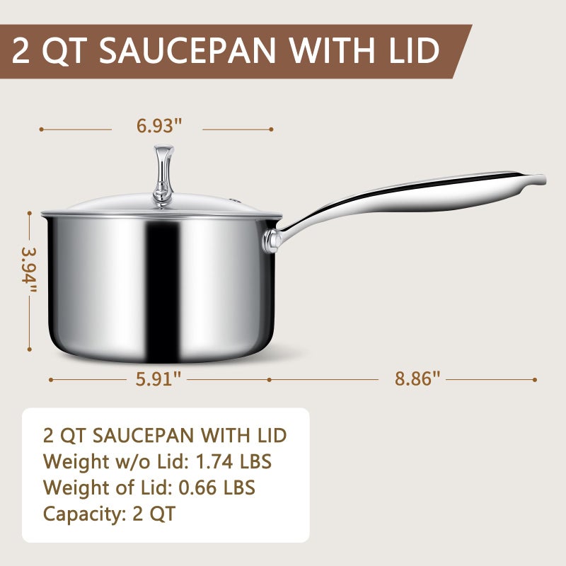 EWFEN 3 Ply Stainless Steel Saucepan with Lid, 2 Quart Multipurpose Cooking Pot, Stay-Cool Handle, Induction Oven Dishwasher Safe, 2 QT - Image 2