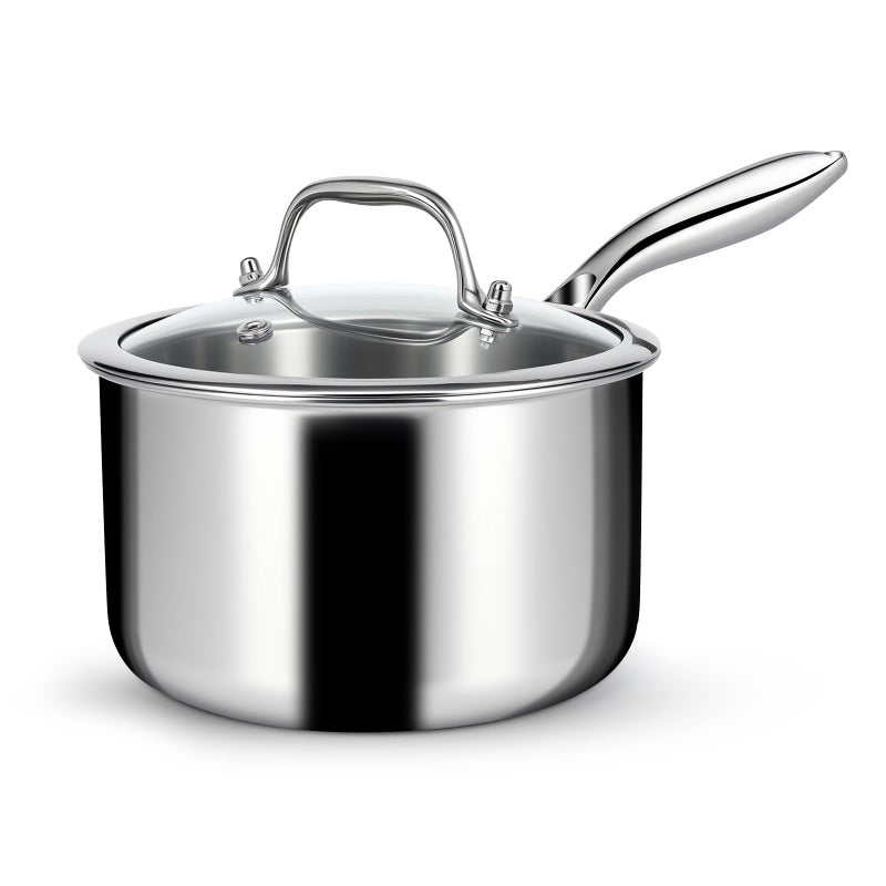 EWFEN 3 Ply Stainless Steel Saucepan with Lid, 2 Quart Multipurpose Cooking Pot, Stay-Cool Handle, Induction Oven Dishwasher Safe, 2 QT - Image 1