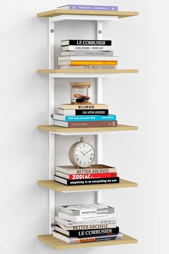 Harwaya White and Natural Tiered Wall Shelf Unit, 5 Tier Display Floating Shelves, Deep Hanging Wall Shelving Unit for Living Room Plants TV, Bedroom Books, Office Décor (White and Natural Wood) - Image 1