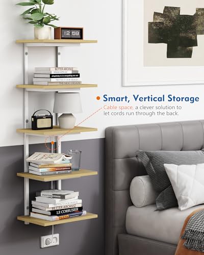 Harwaya White and Natural Tiered Wall Shelf Unit, 5 Tier Display Floating Shelves, Deep Hanging Wall Shelving Unit for Living Room Plants TV, Bedroom Books, Office Décor (White and Natural Wood) - Image 4