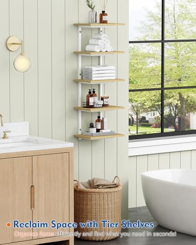 Harwaya White and Natural Tiered Wall Shelf Unit, 5 Tier Display Floating Shelves, Deep Hanging Wall Shelving Unit for Living Room Plants TV, Bedroom Books, Office Décor (White and Natural Wood) - Image 2