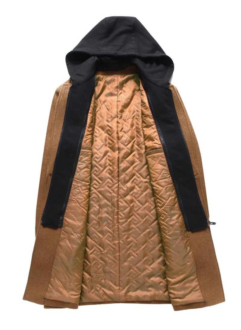 Loquat - Men's Double Collar Casual Woolen Coat Slim Fit Mid Length Jacket Overcoat With Detachable Hat Camel - Image 1