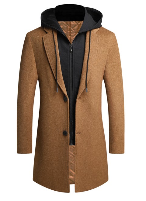 Men's Double Collar Casual Woolen Coat Slim Fit Mid Length Jacket Overcoat With Detachable Hat Camel
