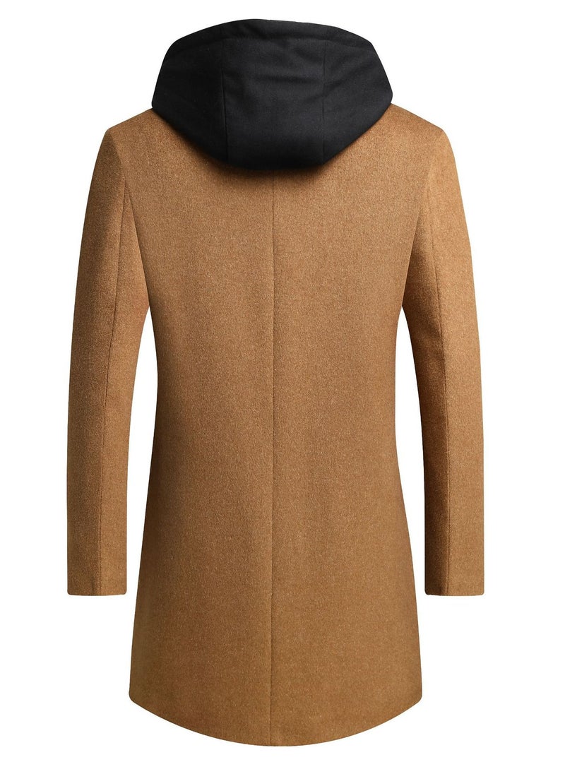 Loquat - Men's Double Collar Casual Woolen Coat Slim Fit Mid Length Jacket Overcoat With Detachable Hat Camel - Image 1