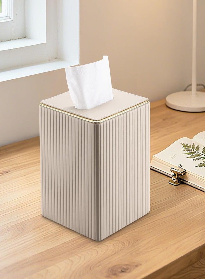 KINGFOM Square Tissue Box Cover, PU Leather Tissue Box Holder for Kleenexs with Magnetic Bottom Cover for Facial Tissues/Napkins, Office & Living Room Decor Box Beige - Image 5