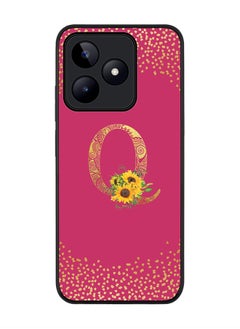 Rugged Black edge case for Realme C53 Case Cover- Custom Monogram Initial Letter Mandala Floral Pattern Alphabet- Q (Deep Pink rose)