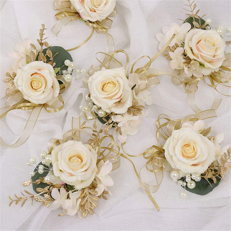 USIX 2pc Pack-Handmade Artificial Flower Rose with Gold Leaves Ribbons Artificial Pearls Wrist Corsage & Men's Lapel Boutonniere Pin Combo Set Package for Wedding Party Prom Homecoming (Corsage Pack) - Image 2