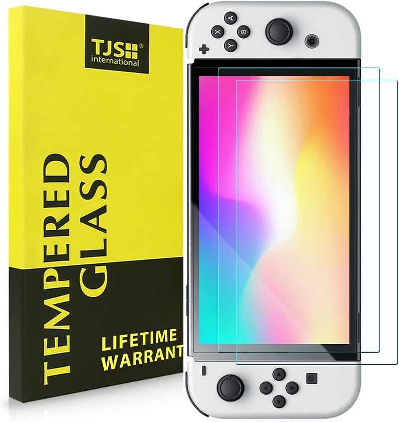 TJ's 2 Pack Screen Protector Tempered Glass for Nintendo Switch OLED Model 2021 7.0", [Works While Docking] - 0.3mm Thickness/Bubble Free/Ultra Clear/9H Hardness/Anti-Scratch/Anti-Fingerprint (Clear) - Image 1