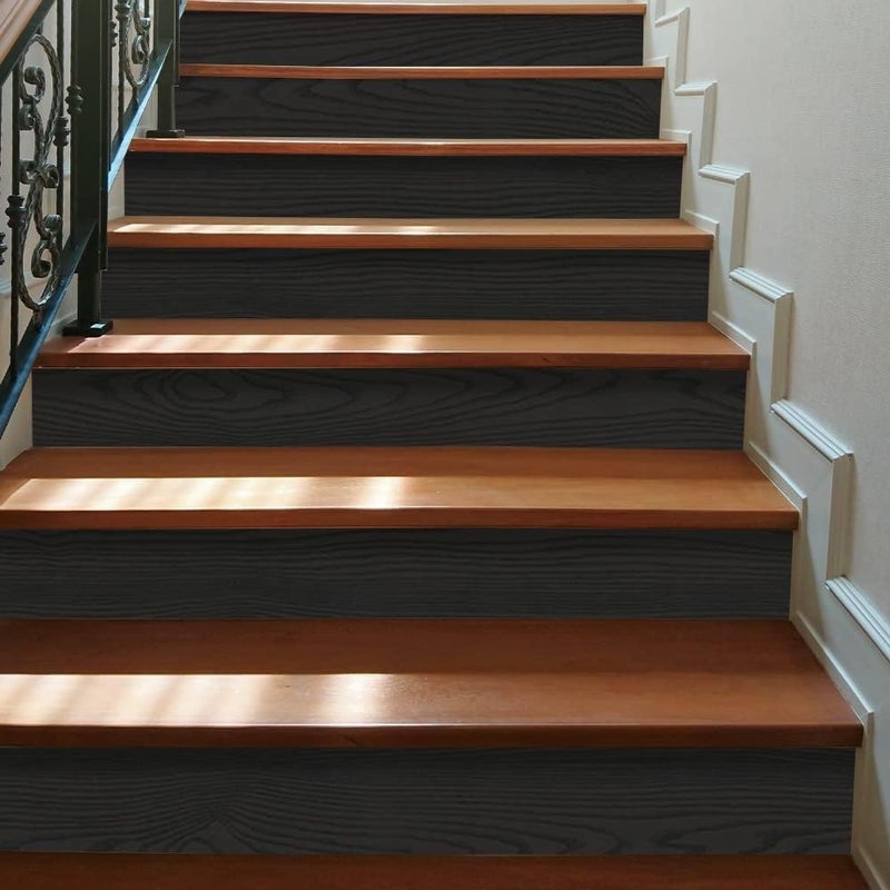 funlife Long Strip Faux Black Wood Stair Riser Decals Peel and Stick, Black Stair Riser Stickers Self Adhesive Vinyl Stairway Stickers for Entryway, Staircase Step Decals for Home Decor, 7.87"X236.22" - Image 1