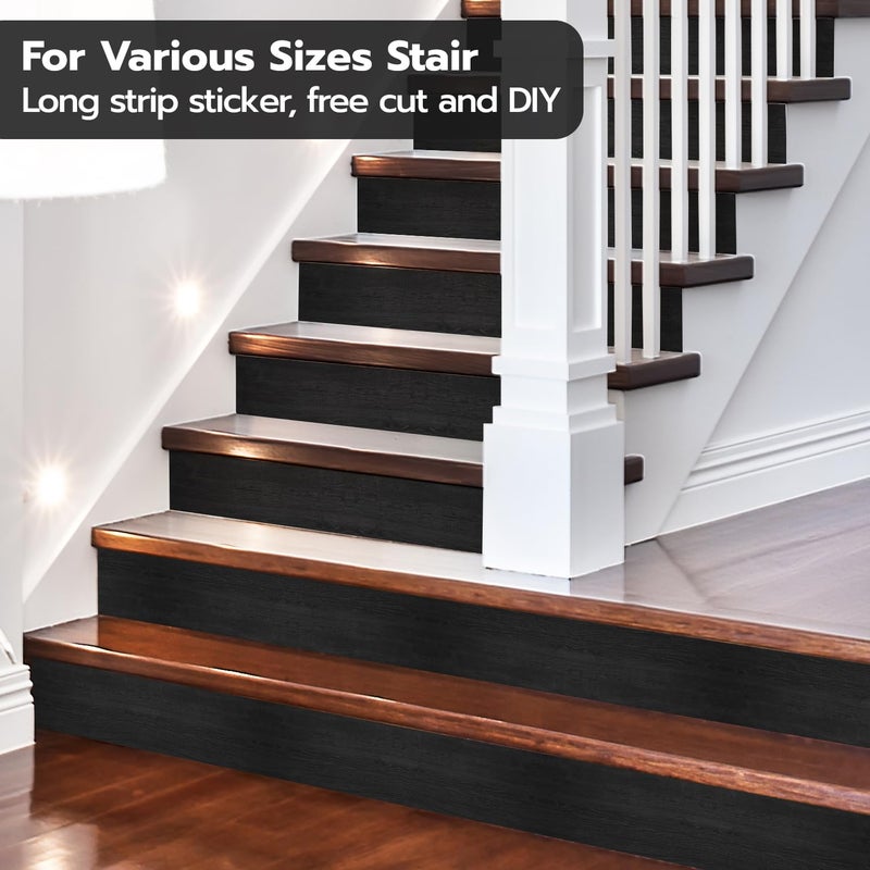 funlife Long Strip Faux Black Wood Stair Riser Decals Peel and Stick, Black Stair Riser Stickers Self Adhesive Vinyl Stairway Stickers for Entryway, Staircase Step Decals for Home Decor, 7.87"X236.22" - Image 4