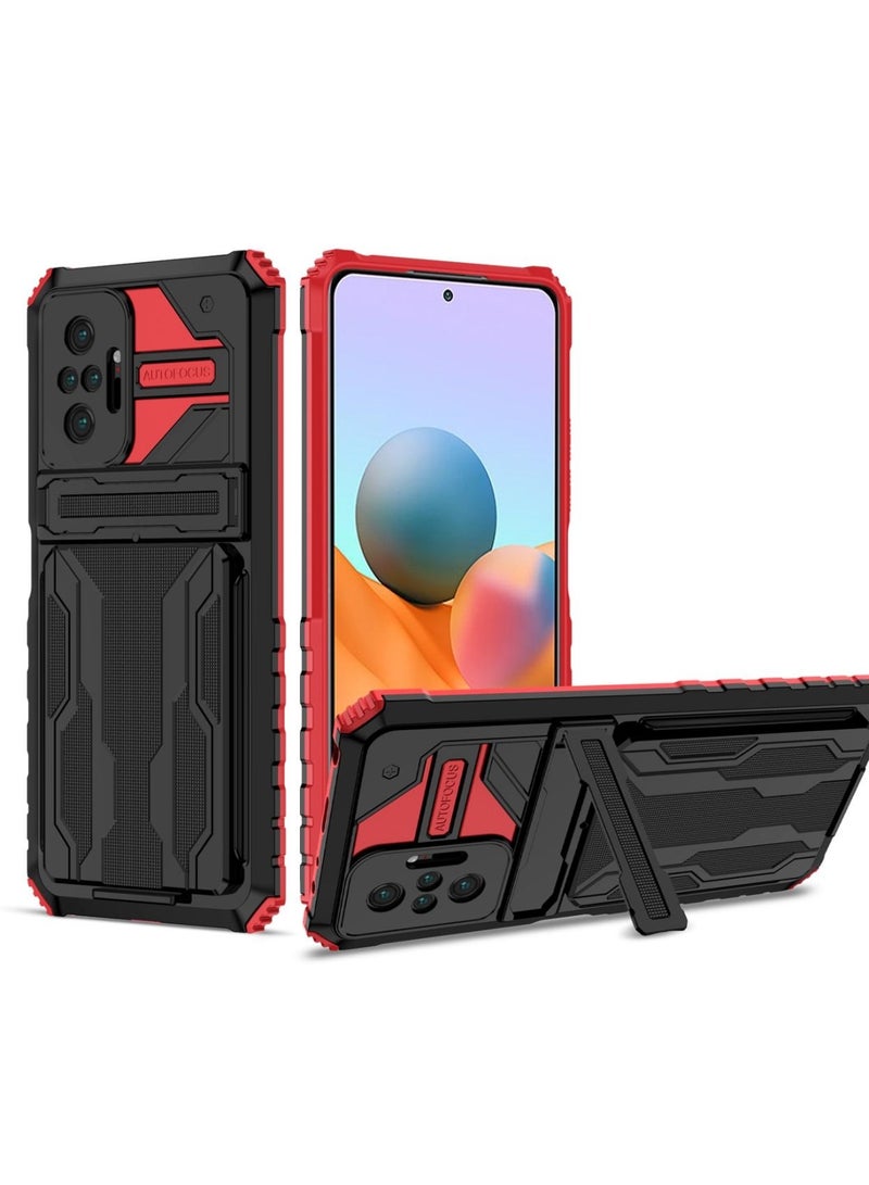 Kickstand Shockproof Case For Xiaomi Redmi Note 10 Pro 4G  with Detachable Card Holder Red  - Image 1