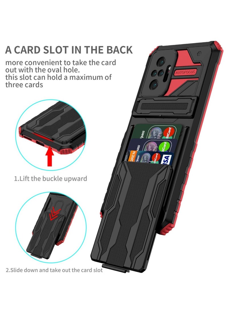Kickstand Shockproof Case For Xiaomi Redmi Note 10 Pro 4G  with Detachable Card Holder Red  - Image 2