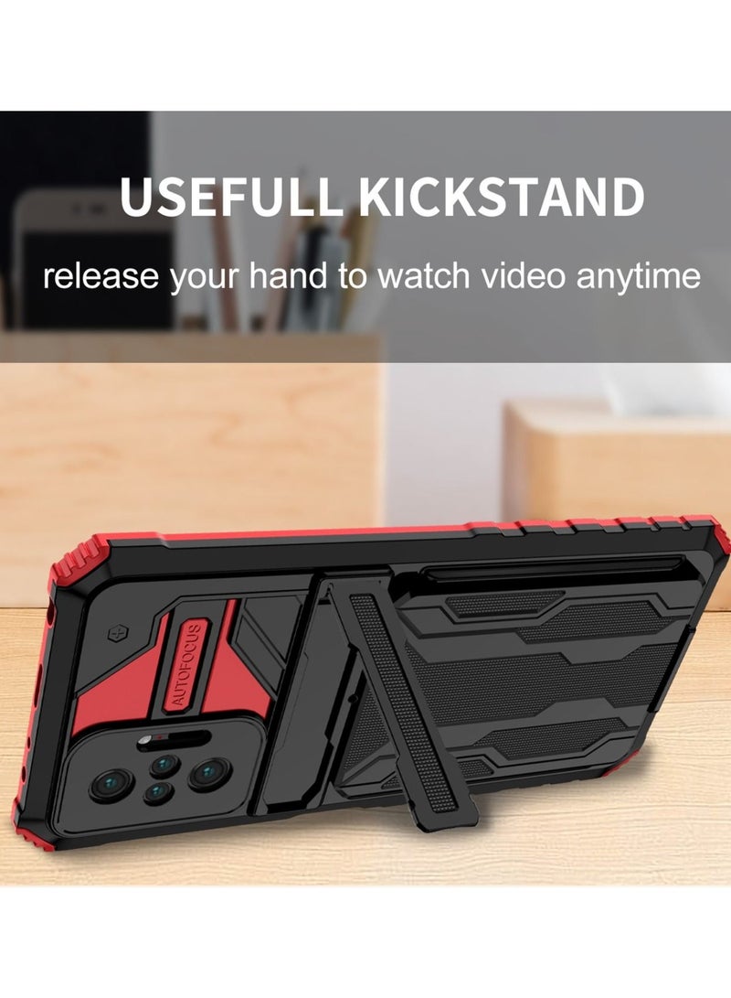 Kickstand Shockproof Case For Xiaomi Redmi Note 10 Pro 4G  with Detachable Card Holder Red  - Image 4