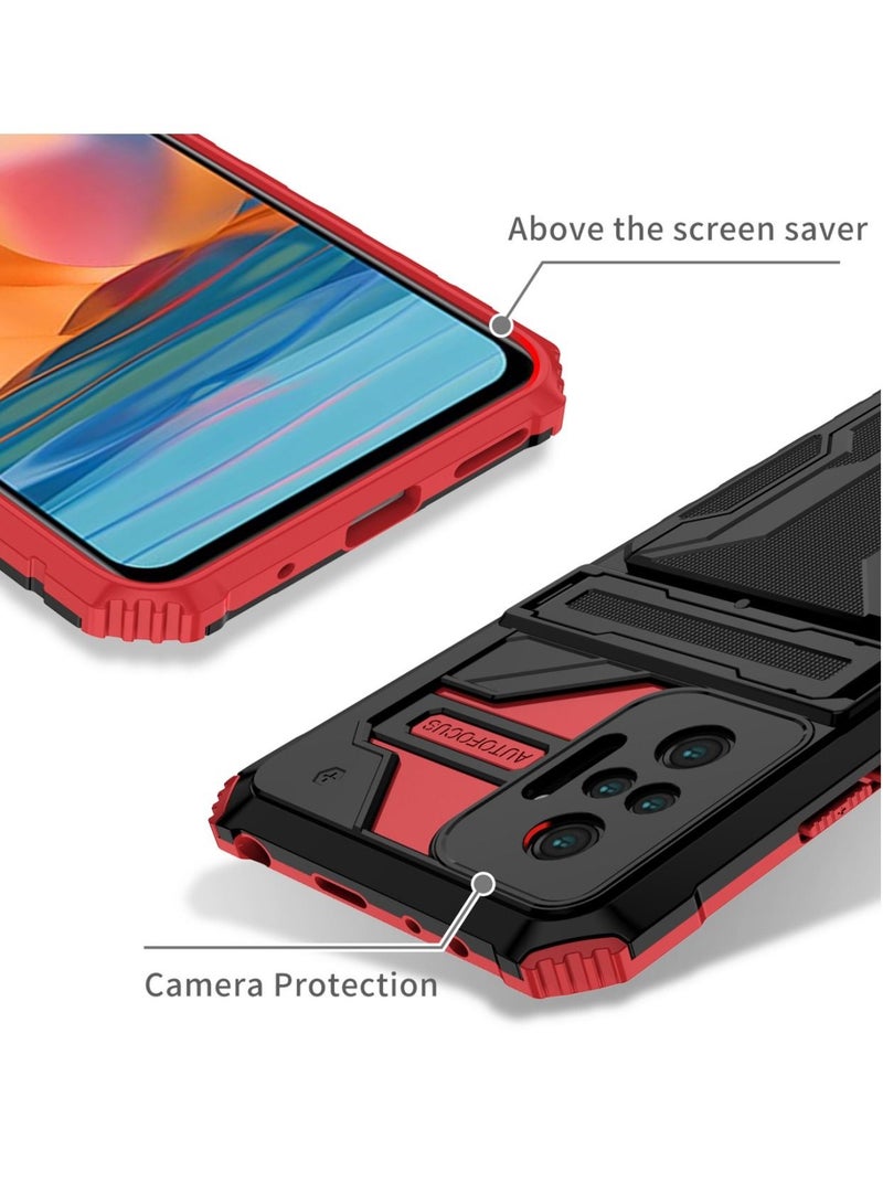Kickstand Shockproof Case For Xiaomi Redmi Note 10 Pro 4G  with Detachable Card Holder Red  - Image 5