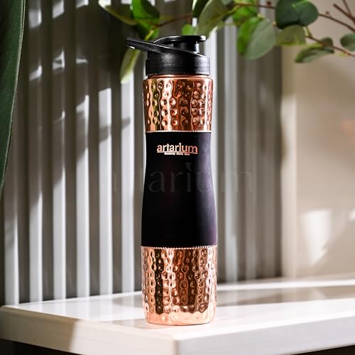Artarium Sipper Bottle 100% Pure Lightweight Copper Water Bottle Leak Proof Protection Durable & Rust Proof Hammered Copper Bottle With Added Health Benefits (Sipper Water Bottle Black 1 Litre) - Image 2