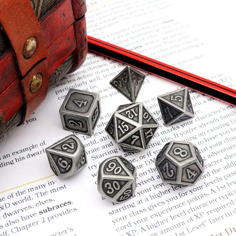 Haxtec Antique Iron Metal DND Dice Set Silver D&D Polyhedral Dice W/PU Leather Dice Bag for Dungeons and Dragons Gift TTRPG - Image 4