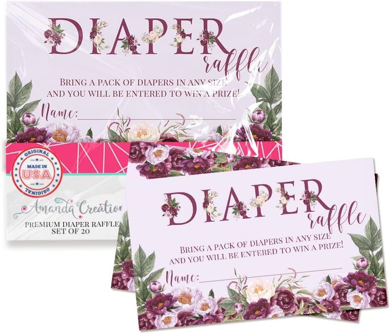 Amanda Creation Purple Peony Watercolor Diaper Raffle Tickets for Baby Showers 20 2 X 3 Double Sided Insert Cards for Games by AmandaCreation Bring a Pack of Diapers to Win Favors  Prizes - Image 1