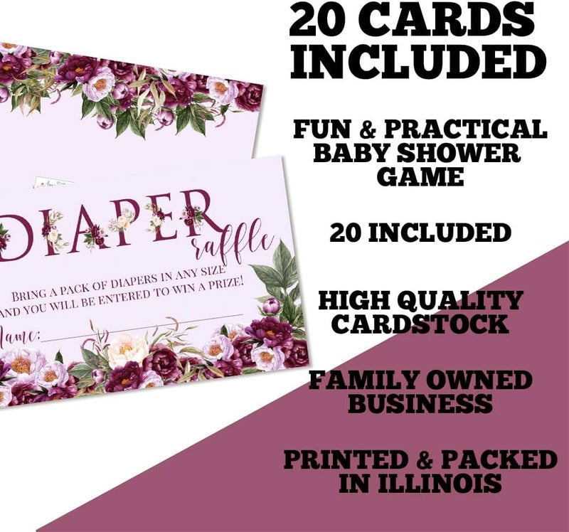 Amanda Creation Purple Peony Watercolor Diaper Raffle Tickets for Baby Showers 20 2 X 3 Double Sided Insert Cards for Games by AmandaCreation Bring a Pack of Diapers to Win Favors  Prizes - Image 3