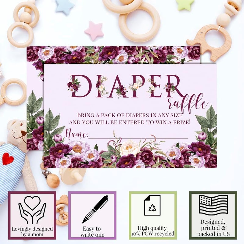 Amanda Creation Purple Peony Watercolor Diaper Raffle Tickets for Baby Showers 20 2 X 3 Double Sided Insert Cards for Games by AmandaCreation Bring a Pack of Diapers to Win Favors  Prizes - Image 2