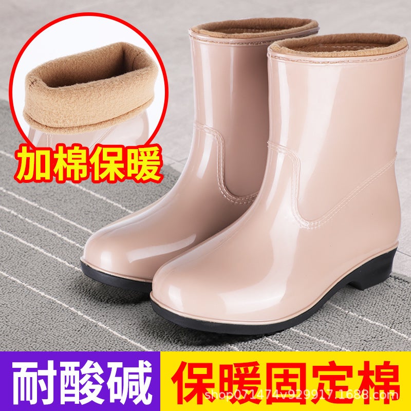 Winter Warm Quilted Mid-Calf Rain Boots Women'S Water Boots Kitchen Non-Slip Slip Slip-On Rubber Shoes Waterproof Shoes Fleece-Lined Women'S Rain Boots - Image 2