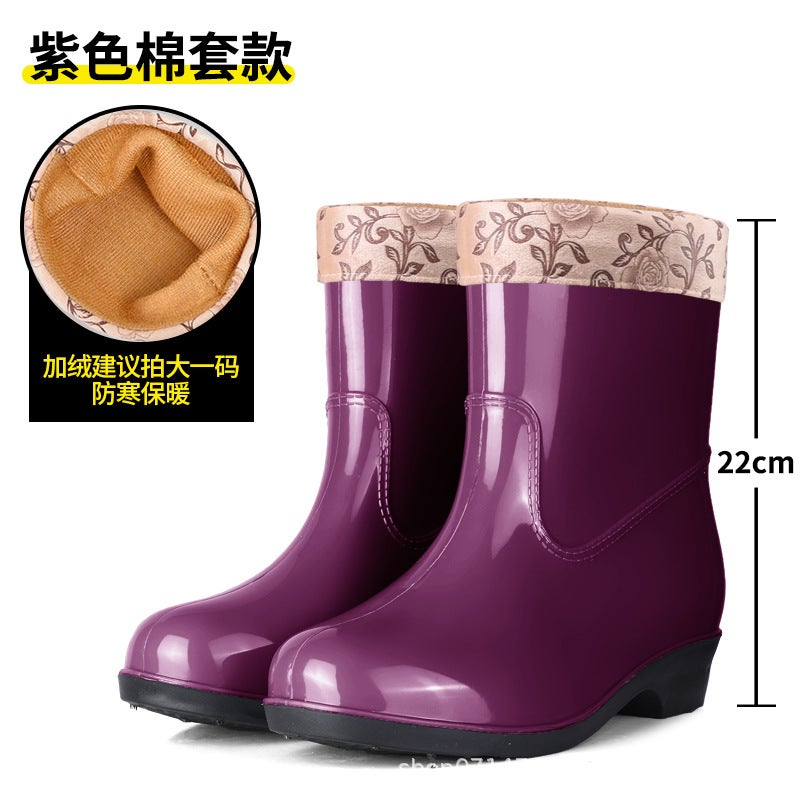 Winter Warm Quilted Mid-Calf Rain Boots Women'S Water Boots Kitchen Non-Slip Slip Slip-On Rubber Shoes Waterproof Shoes Fleece-Lined Women'S Rain Boots - Image 1