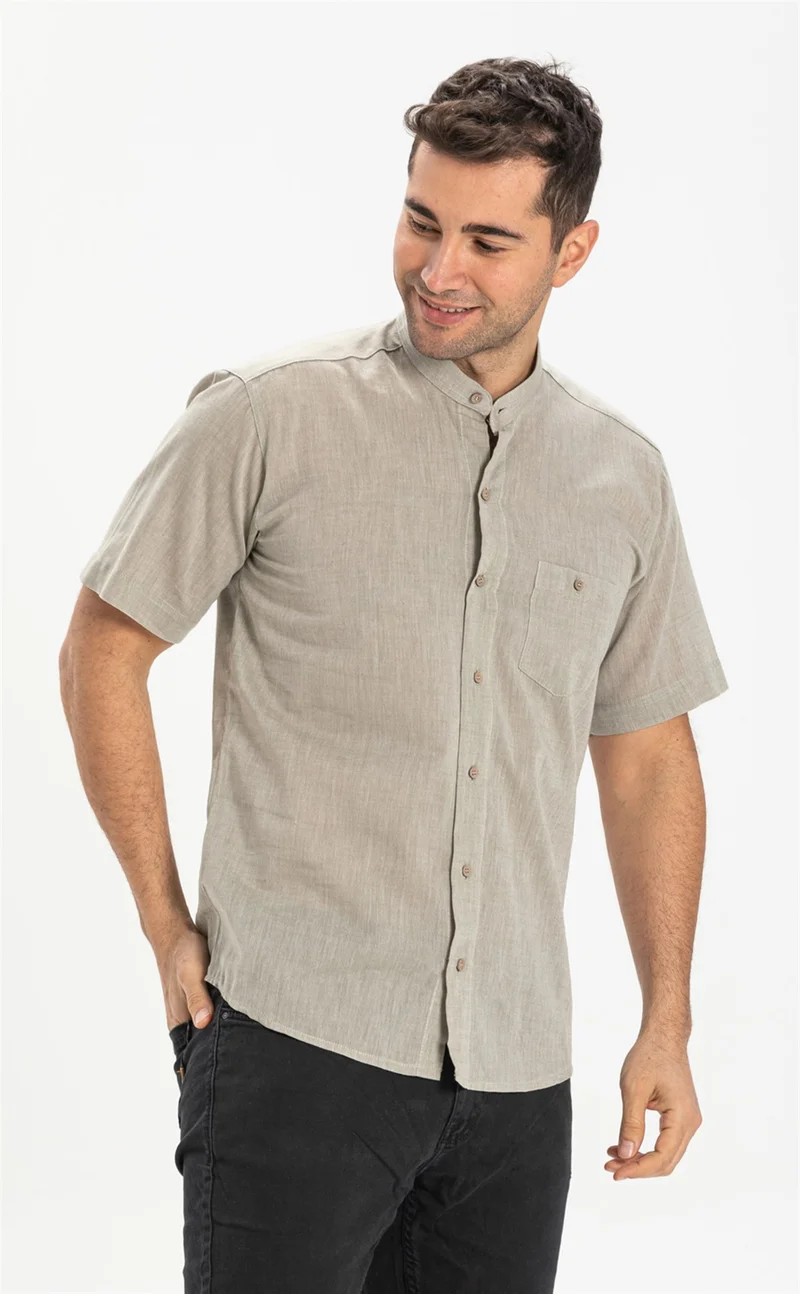 اليش شيل بيزي Short Sleeve Şile Cloth Classic Collar Single Pocket Men's Shirt Stone 3031