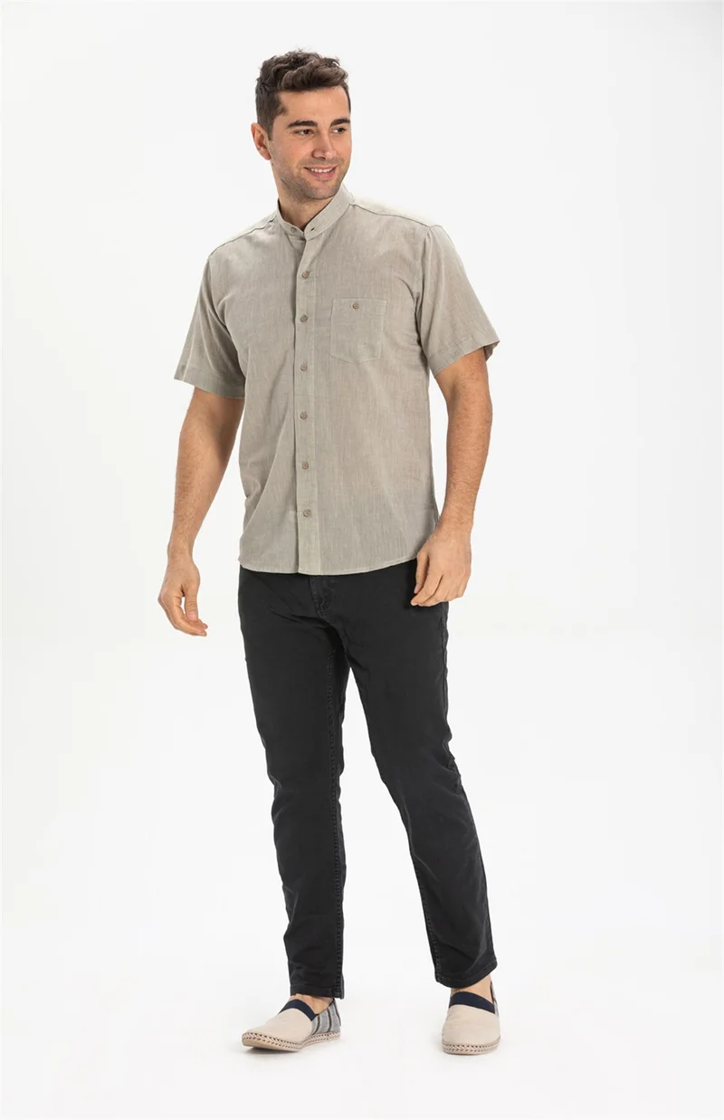 اليش شيل بيزي Short Sleeve Şile Cloth Classic Collar Single Pocket Men's Shirt Stone 3031