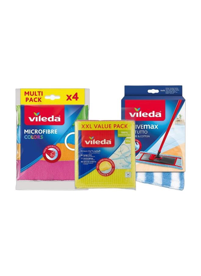 Vileda Sponge Cloth XXL Value Pack 10 Pcs 100% Natural Materials, Super Absorbent, Durable Assorted Color 18x20cm + Activemax Micro And Cotton Flat Floor Mop Refill + Microfibre All Purpose Cleaning Cloth Bundle  - Image 1
