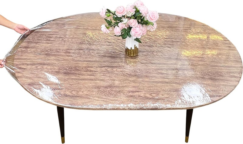 LIBERECOO Clear Oval Fitted Vinyl Tablecloth - Fits 42 x 60 Inch Oval Tables Only - Heavy Duty Elasticized Table Cover Elastic Edged Plastic Tablecloths Protector - Image 1