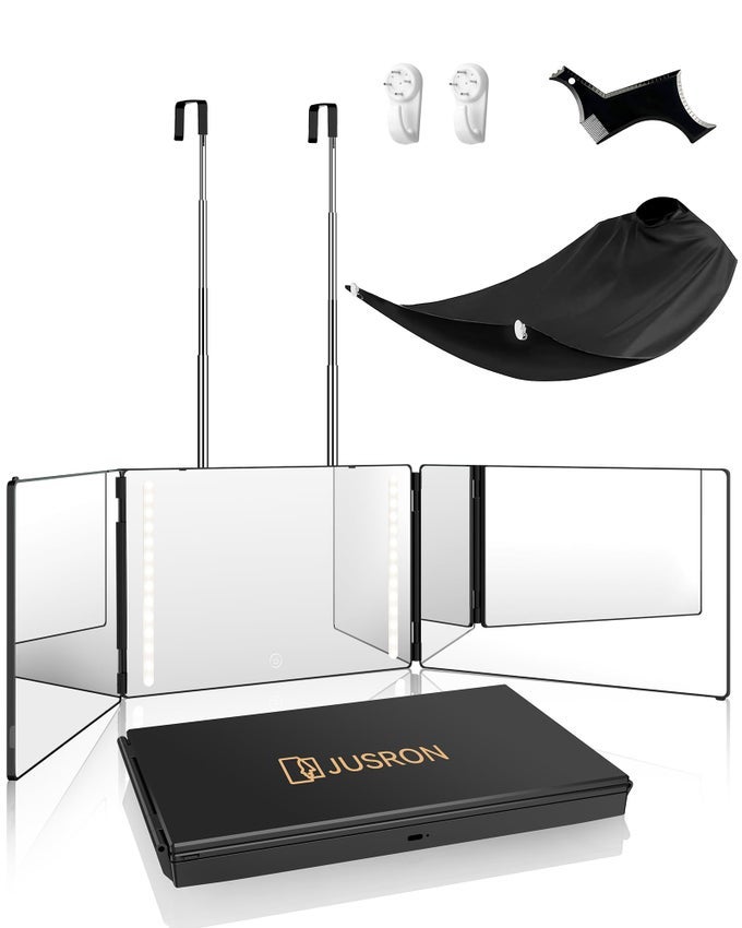 360 VIEWING ANGLE SELF HAIR CUTTING MIRROR CLEAR ANTIFOG HD GLASS BLACK WITH LED WITH ACCESSORIES