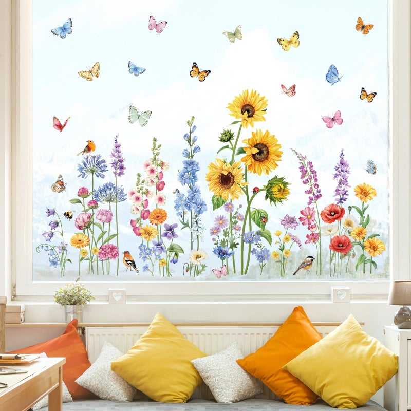 decalmile Autumn Garden Flower Double Sided Window Clings Wildflower Sunflower Butterflies Floral Window Decals Anti-Collision Glass Window Doors Window Stickers - Image 2