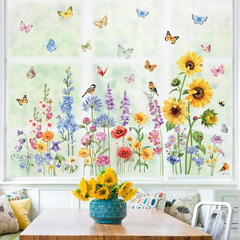 decalmile Autumn Garden Flower Double Sided Window Clings Wildflower Sunflower Butterflies Floral Window Decals Anti-Collision Glass Window Doors Window Stickers - Image 1