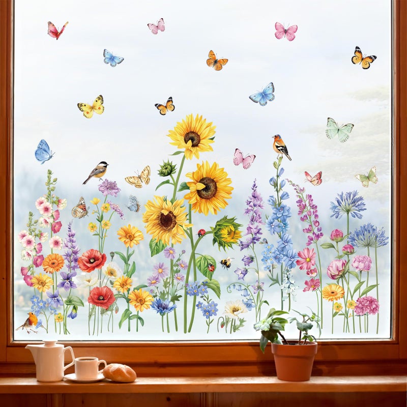 decalmile Autumn Garden Flower Double Sided Window Clings Wildflower Sunflower Butterflies Floral Window Decals Anti-Collision Glass Window Doors Window Stickers - Image 3