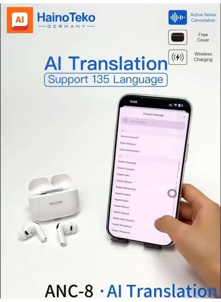 JAJEEK ANC-8 AI Translation TWS Earbuds with Smart Active Noise Cancellation, Bluetooth 5.3 Wireless Earphones, Touch Control, Wireless Charging Case, Deep Bass, HD Calling, Low Latency Mode, White - Image 4